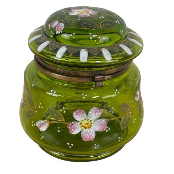 Vintage Signed Moser Green Mushroom Vanity Jar Hinged Lid Floral Good Condition - Picture 1 of 8